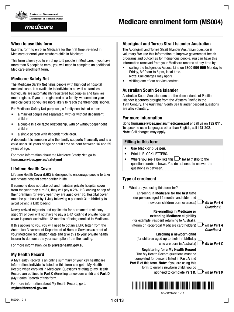  Medicare Enrolment Form MS004 2019